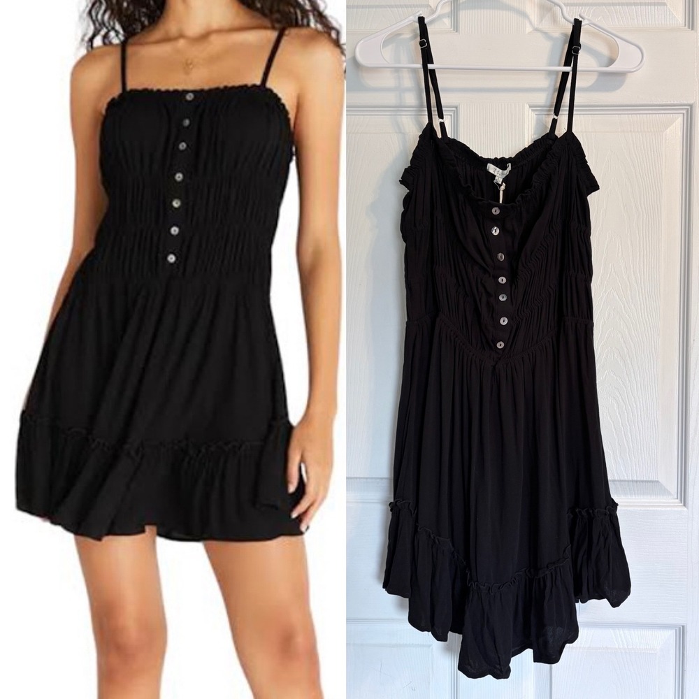 Z Supply Anabella Mini Dress Large Black Smocked Button Front Ruffle ZD231298S